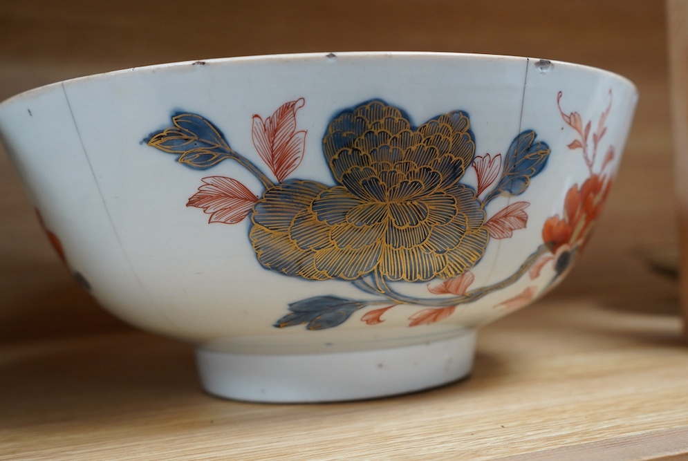 Three late 18th century Chinese porcelain bowls, (all damaged), noticed 28.5cm diameter. Condition - poor.